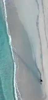 Aerial view of serene beach with ocean waves and sandy shore.