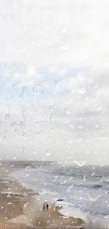 Wallpaper with rainy glass and beach view in light gray tones.