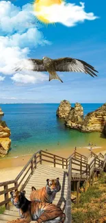 Eagle and tigers on scenic beach backdrop.