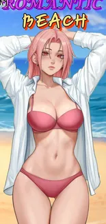 Anime character in beach setting with blue ocean background.