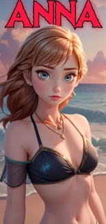 Anime character on a beach with ocean background.