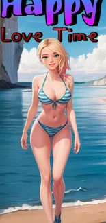 Anime girl in a bikini at the beach.