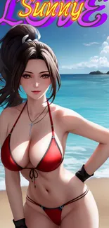 Anime girl in red bikini on a sunny beach with blue skies.