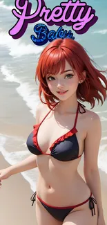 Anime girl in bikini on beach with ocean and text above.