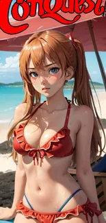 Anime girl in red bikini on a sunny tropical beach.