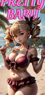 Anime girl in pink bikini on tropical beach.