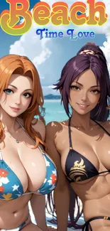 Anime beach scene with two characters in bikinis enjoying the seaside.