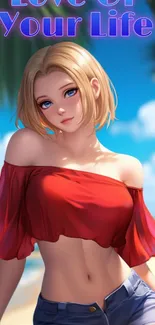 Anime girl at beach with bright sky background