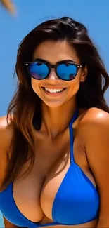 Woman in blue bikini and sunglasses on a sunny beach.