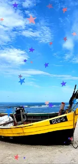 Beach with colorful boats under a bright blue sky, ideal for mobile wallpaper.