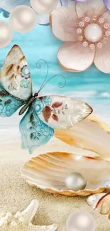 Butterflies and seashells on a beach theme mobile wallpaper.