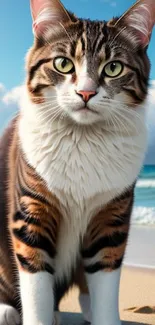 A relaxed cat sitting on a sunny beach with ocean waves in the background.