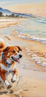 A playful dog runs on a sunny beach with ocean waves in the background.