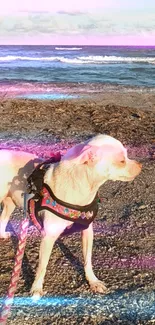 Enchanted beachside with neon glow and a cute dog.