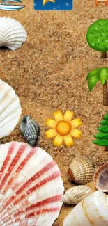 Vibrant beach wallpaper with seashells and colorful emojis on sand.