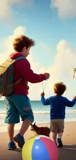 Two kids flying kites on a sunny beach with a colorful ball.