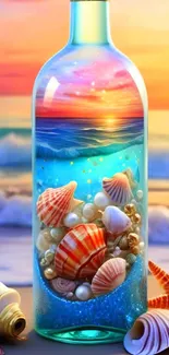 Vibrant beach fantasy scene in a bottle with sunset and seashells.