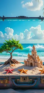 Whimsical beach scene inside a suitcase with sandcastle and starfish.