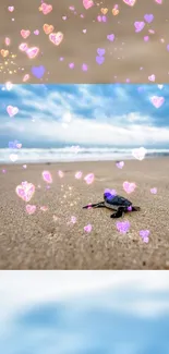 Fantasy turtle on beach with heart bokeh and cloudy sky.