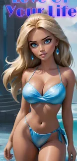 Blonde character in blue bikini at beach.