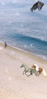 A beach with two horses and an eagle flying above in a fantasy setting.