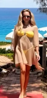 Woman modeling beach fashion by the ocean.