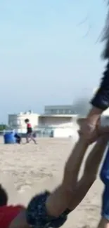 A playful scene on the beach showing carefree fun.