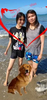 Two friends at the beach with a dog, in a heart-shaped overlay.