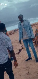 Friends having fun on a serene beach under a cloudy sky.