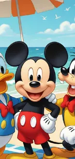 Mickey Mouse and friends enjoying the beach in a vibrant cartoon wallpaper.