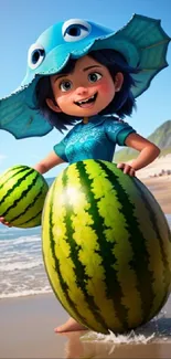 Cartoon character on beach with watermelons, perfect for summer wallpaper.