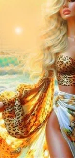 Stylish figure in leopard print at beach sunset wallpaper