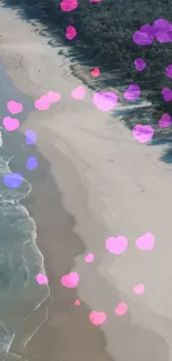 Aerial view of beach with pink and purple hearts, perfect for romantic wallpaper.