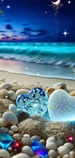 Heart stones on moonlit beach with ocean waves.