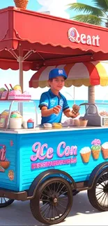 Beachside ice cream cart with palm trees and a vibrant summer theme.