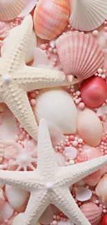 Starfish and pink seashells wallpaper with serene beach vibes.