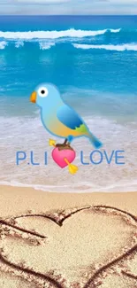 Beach with heart and bird illustration as wallpaper.