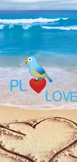 Beach wallpaper with heart in sand and bird symbol above ocean waves.