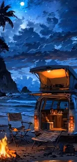 Beach campsite with van and campfire under a starlit night sky.