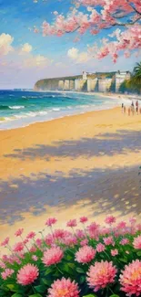 Beach with colorful blossoms painting wallpaper.