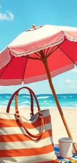 Vibrant beach scene with pink umbrella and striped bag.