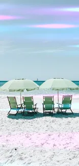 Serene beach with umbrellas and ocean view under a clear sky.