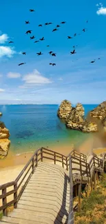 Scenic view of a beach pathway leading to a vibrant blue ocean under a clear sky.