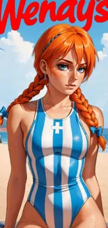 Anime girl with orange hair in swimsuit on beach.