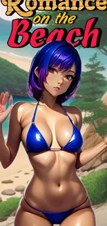 Anime character in a blue bikini on a vibrant beach setting.