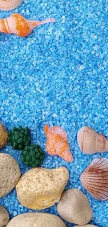 Blue sand with seashells and stones, creating a beach aesthetic wallpaper.