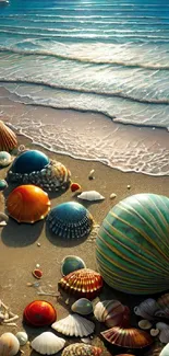 Vibrant seashells on a serene sandy beach with ocean waves in the background.