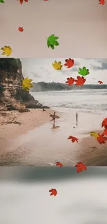 Serene beach with colorful leaves falling