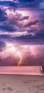 Dramatic lightning storm over a serene beach.