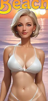 Anime-style woman on sunset beach wallpaper.